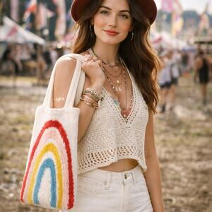 Free People Fun Rainbow Wool Blend Sweater Bag Tote